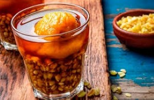 Mote con Huesillo 
Traditional Chilean dessert drink of dried peach and wheat in spiced syrup.