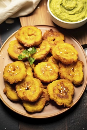 Tostones (Fried Green Plantains) 
Twice-fried plantain slices, golden and crisp, served with garlic dipping sauce.