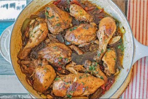 Pollo Guisado (Braised Chicken) 
A Dominican favorite — tender chicken stewed with peppers, onions, and spices.	